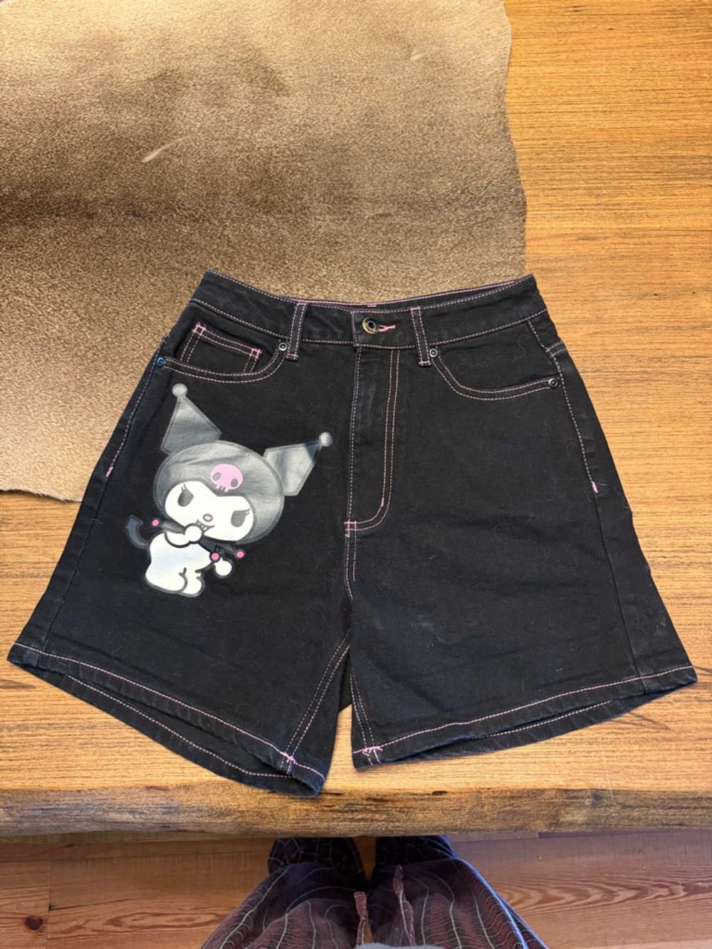 Hot Topic Black Denim Shorts with Pink Stitching and Character Print